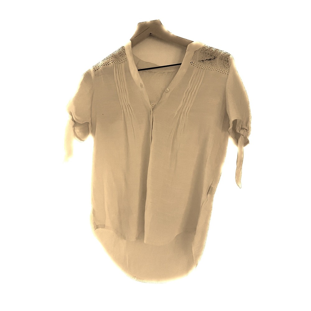 E&M Women Cream Lace Crochet Pintuck Short Sleeve Tie Blouse Ivory Small